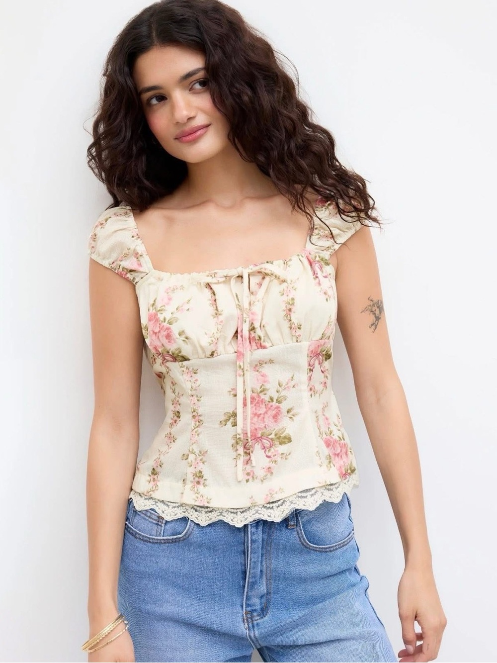 Cider FLORAL LACE TRIM RUCHED KNOTTED TANK TOP xxs nwt